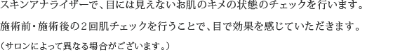 スキンアナライザーで、目には見えないお肌のキメの状態のチェックを行います。施術前・施術後の２回肌チェックを行うことで、目で効果を感じていただきます。（サロンによって異なる場合がございます。）