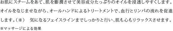 お肌にスチームをあて、肌を膨潤させて美容成分たっぷりのオイルを浸透しやすくします。オイルをなじませながら、オールハンドによるトリートメントで、血行とリンパの流れを促進します。（※）気になるフェイスラインまでしっかりと行い、肌も心もリラックスさせます。※マッサージによる効果